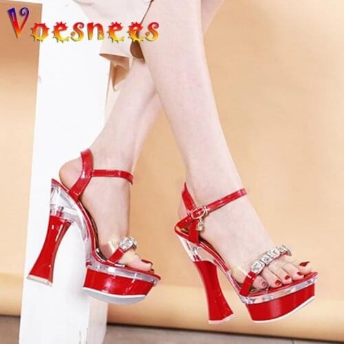 2021 Women Sandals Slip-proof Rhinestone Coarse roots Thick-Soled High Heels Sexy Strap-up Crystal Platform Female Wedding Shoes