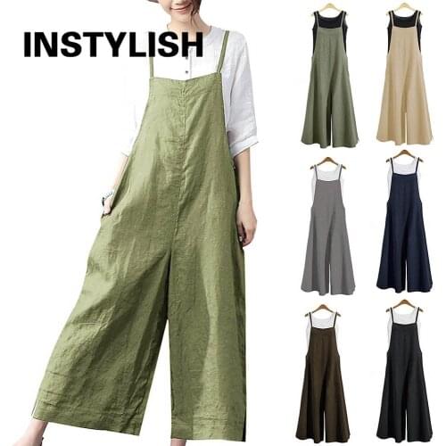 Instylish Womens Oversize Bib Trousers Wide Leg pants Overalls Jumpsuit Romper Summer Trousers with Straps Casual Streetwear