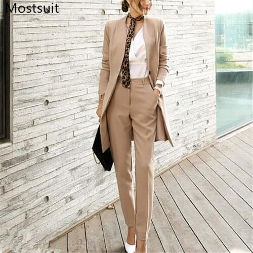 Korean Office Two Piece Suits Set Women Belted Long Coat + Suit Pants Outfits Elegant Fashion Workwear Female Matching Set 2021