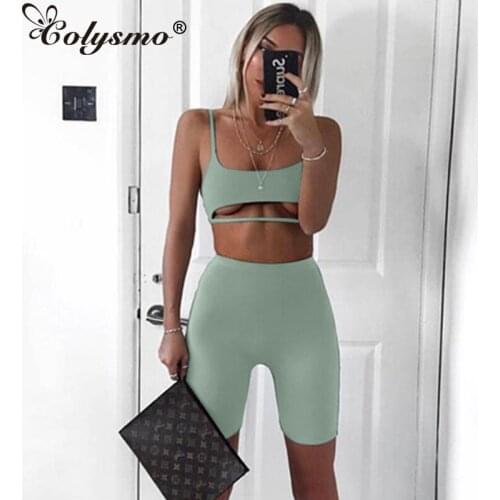 Colysmo Mint Tracksuit Women Two Piece Set Women Summer Sexy Hollow Out Crop Top Biker Shorts Activewear 2 Piece Set 2020 New