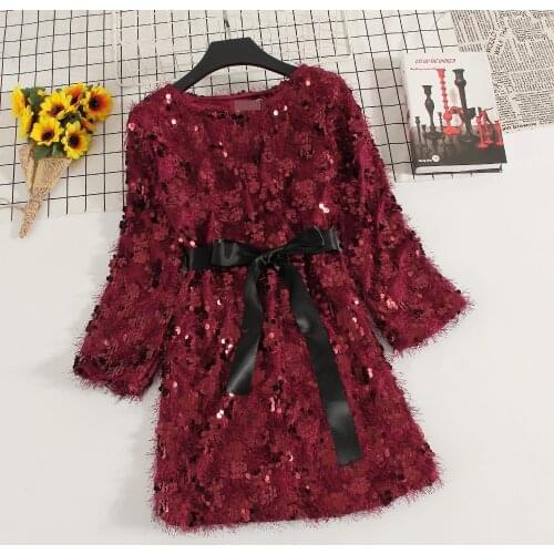 Womens Sequins Dress Winter Bow Belt Tassel Long Sleeve High Waist Solid Lady Bodycon Mini Dresses Woman Vestido Female LS249