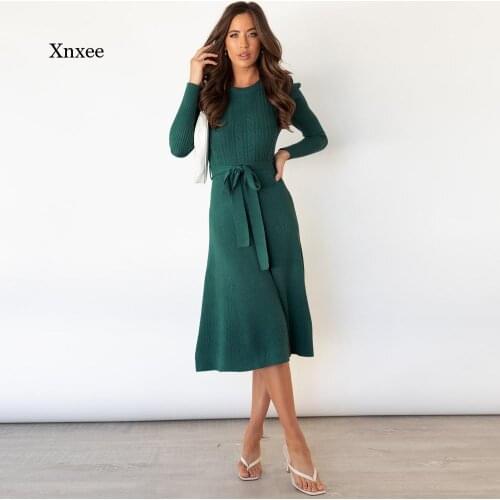 2021 Women Knitted Dress Winter New Autumn Long Sleeve A-Line Sashes Long Dresses Slim High Waist Sweater Office Fashion Bodycon