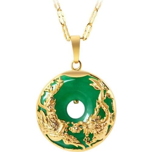 Gold Color Chinese Style Dragon and Phoenix Green Agates Round Hollow Pendant Link Chain Necklace Classic Jewelry