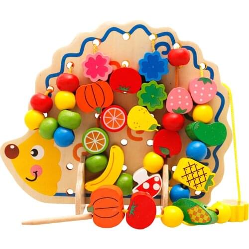 1Set Creative Useful Wood Hedgehog Fruit Vegetable Beads Building Thread Toy for Kids Educational Toy for Kids Christmas Gift