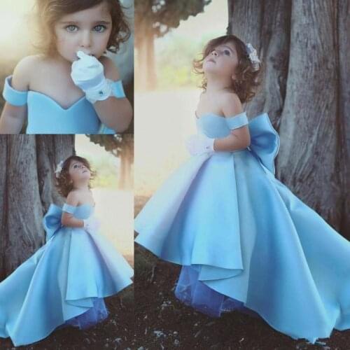 2020 Cute Off Shoulder Blue Girls Pageant Dresses Children Big Bow Satin High Low Flower Girl Dresses Kids Birthday Party Wear