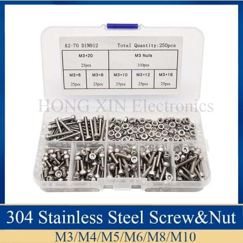 250pcs/set M3 Cap Head 304 Stainless Steel Hex Socket Screws Bolt With Hex Nuts Assortment Kit Repair Tool box Hexagon screw