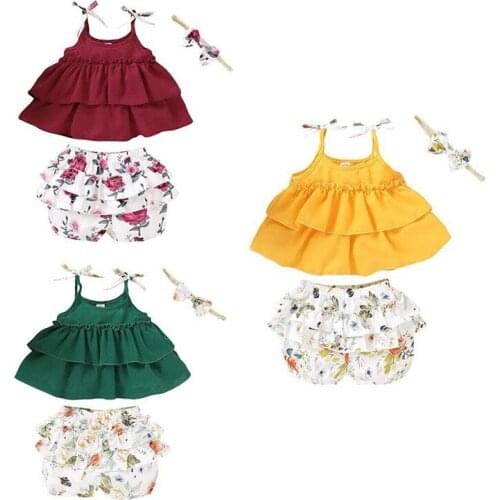 3PCS Toddler Kids Baby Girl Clothes Ruffle Vest Tops+ Tutu Shorts Pants+Headband Outfit 2020 Summer