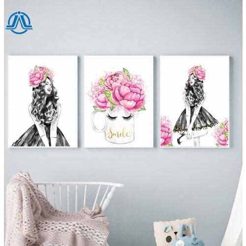 Floral Cute Girl with Pink Flower Canvas Painting Nordic Black and White Curly Hair Girl Posters and Prints Smile Quote Pictures