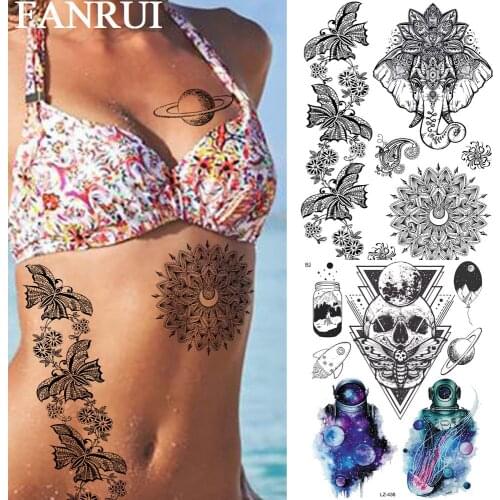 FANRUI Ganesha Elephant Mandala Flower Temporary Tattoos For Women Sticker Black Henna Fake Tatoos Custom Tattoo Sexy Body Art