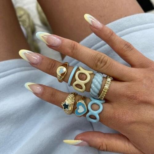 Trendy New Love Heart Yin Yang Alloy Rings For Women Gold Silver Color Enamel Flowers Smiley Face Dripping Oil Jewelry Gift Set