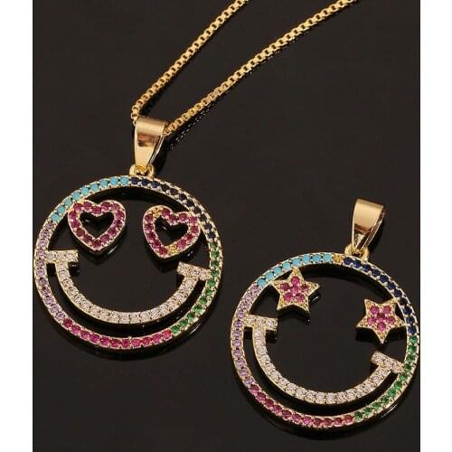 Cute Gold Smiley Emoticons with Colorful Zircon Stone Pendant Long Chain Hip Hop Jewelry for Women Man Fashion Jewelry Choker