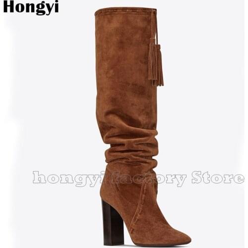 Fashion Brown Suede Leather European Style Fringe Designer Block Heeled Boots Women Pointed Toe knee High Gladiator Booty