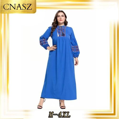 Muslim Dress Islamic Clothing Large Size Womens Fashion Simple Blue Embroidered Long Sleeve Autumn Muslim Casual Dress