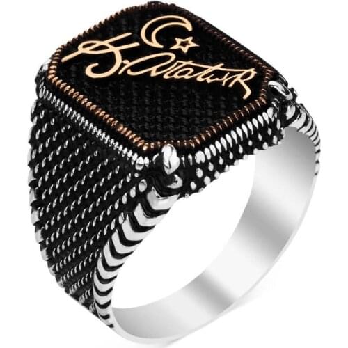 925 Sterling Silver Ataturk Signature Mens Ring with Crescent and Star Silver Ring for Men