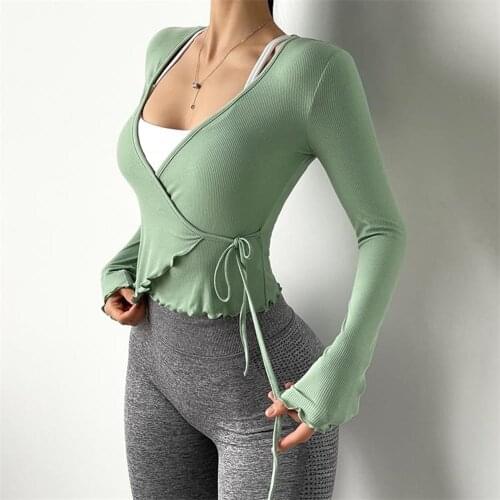 New Thread Sport Tops Women Fitness Jersey Gym Long Sleeve Breathable Yoga Crop Top Sexy Side Bandage Running Workout T-shirt