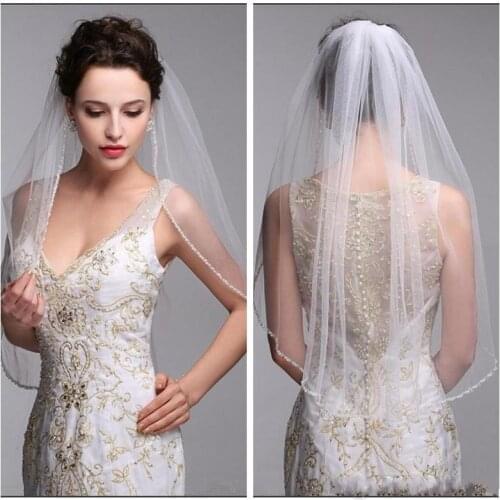 One Layer Bridal Veils With Comb Elbow Length Tulle Beaded Edge Short Wedding veil 2023