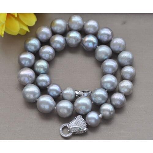 Z10916 17"~33" 14mm Gray Round Edison Keshi Pearl Necklace Cougar CZ