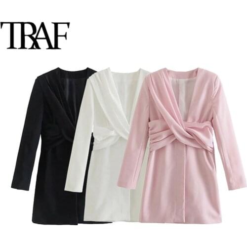 TRAF Women Chic Fashion With Knot Draped Mini Dress Vintage Long Sleeve Side Zipper Button-up Female Dresses Vestidos