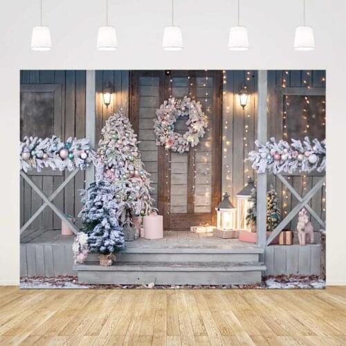 Christmas background for phtoography Wood House and door christmas tree photo background studio x-mas family party decoration