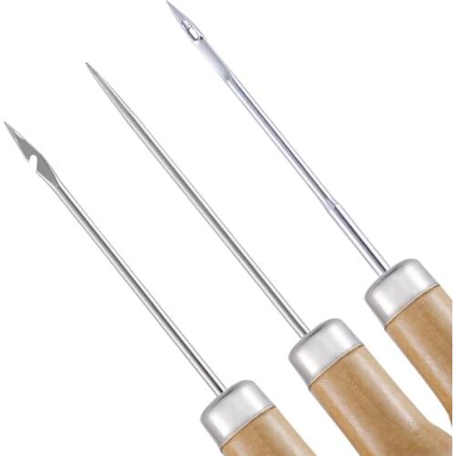3Pcs DIY Wooden Handle Sewing Awl Carft Stitch Needle Cone Die Stencils Canvas Shoes Repair Punch Awl Leather Craft Awl Too