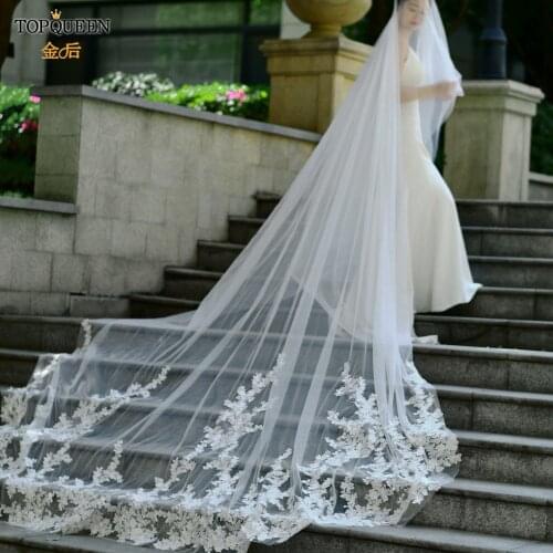 TOPQUEEN V94 Bridal Veils Wedding Cathedral Drop Veil with Lace Trim Extra Long Royal Wedding Veil with Blusher Bridal Veil 5 M