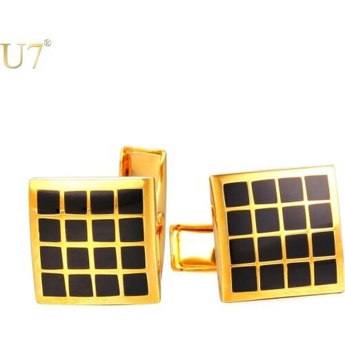U7 Brand Cufflinks For Mens High Quality Gold Color Trendy Checker Square Enamel Men Suit Jewelry & Cuff Link Gift Box C022