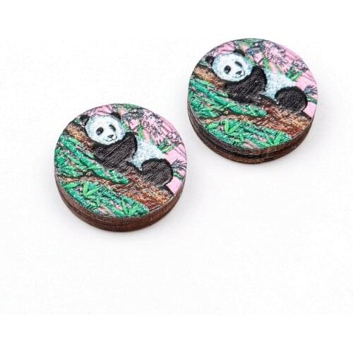 Unique 3D panda Embossed 16mm Round Coloured Drawing pattern Laser Cut wood Cabochon DIY for Rings, Earring,Brooch,Necklace