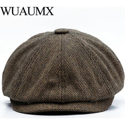 Wuaumx Unisex Autumn Winter Newsboy Caps Men And Women Warm Tweed Octagonal Hat For Male Detective Hats Retro Flat Caps chapeau
