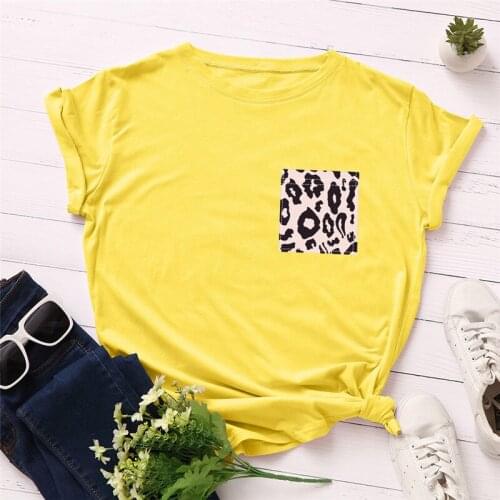 Plus Size TShirt Leopard Pocket Print S-5XL 100%Cotton T-Shirt Women O Neck Short Sleeve Tees Summer Female T Shirt Pink Tops