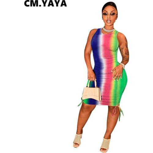CM.YAYA Women Mini Dress Sleeveless O-neck Stretchy Bodycon Dresses Draw String Sexy Party Night Club Street Vestidos Summer
