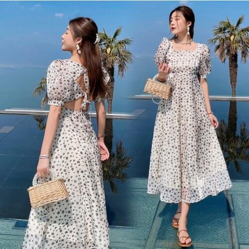 Women Floral Backless Lace-Up Dress Summer 2021 Runway Elegant Boho Vintage Korean Short Sleeve Print Vacation Party Night Dress