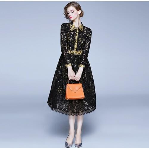 Runway Long Sleeve Dress Vintage Floral Print Elegant Women Lace Patchwork Hollow Out Dress Spring Vestidos Elbise K6316