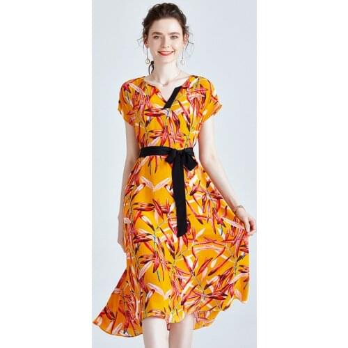 Yellow Print Red Leaves Floral Silk Dresses Women Fashion 2021 Summer Long Casual Sexy Office Work Daily Dress Plus Size Slim