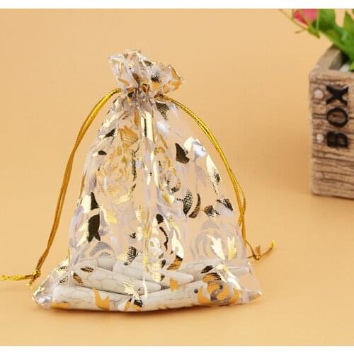 100pcs/lot Wholesale White Organza Bags 15x20cm Rose Print Drawstring Pouch Gift Bag Wedding Decoration Jewelry Packaging Bags