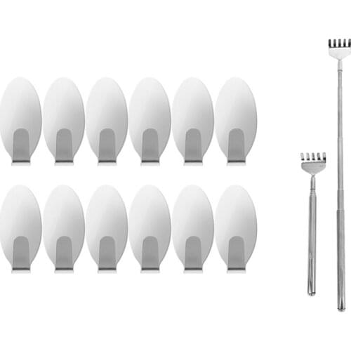 12Pcs Stainless Steel Adhesive Wall Door Hook New & 2X Telescopic Stainless Steel Back Scratcher With Pocket Clip