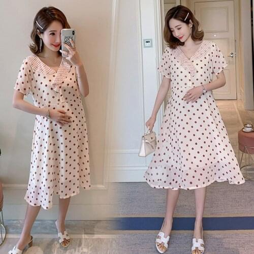 1921# Maternity Clothes Summer chiffon Dot Printing Short Sleeve Easy Matching Loose Stylish Dress for Pregnant Women Mom Dress
