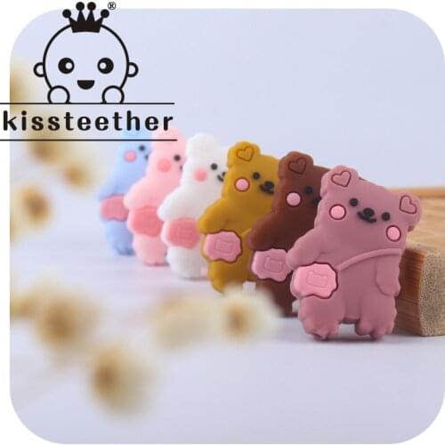 Kissteether 5pcs Bear Silicone Beads Baby Dummy Cartoon Pacifier Chain Teether Toys Accessories BPA Free for Baby Oral Care