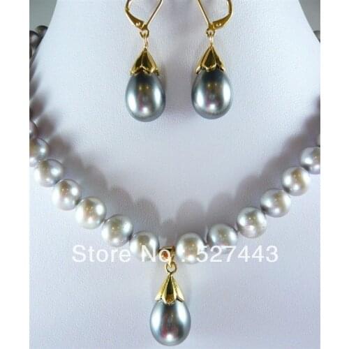 Free shipping Wholesale >>Charming Gray Akoya Cultured Pearl&Shell Pearl Necklace Earring