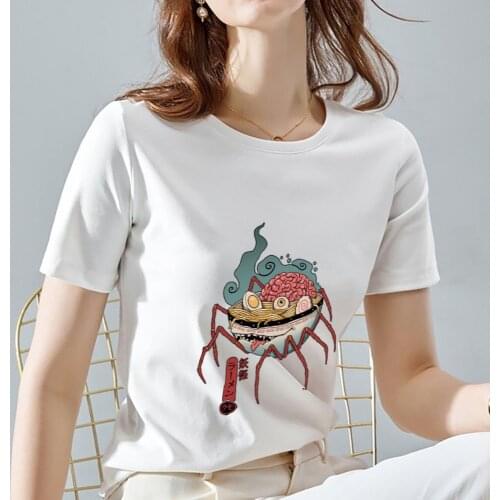 Summer Womens Japanese T-shirt Cute Monster Pattern Top Fashion Round Neck Short Sleeve Slim Polyester Comfortable Casual Top