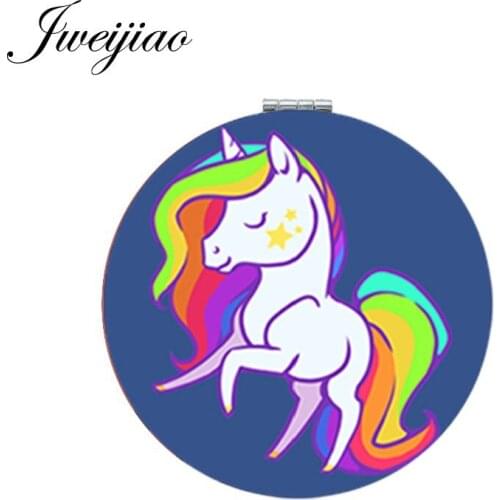 JWEIJIAO Cartoon Photo Unicorn Round Folding Mini 1X/2X Magnifying Mirror Love Horse Animal Portable Makeup Mirror