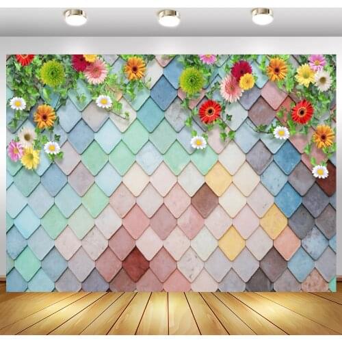 Laeaco Color Square Diamond Brick Wall Spring Flower 3D Pattern Party Child Portrait Photo Background Photography Backdrop Photo
