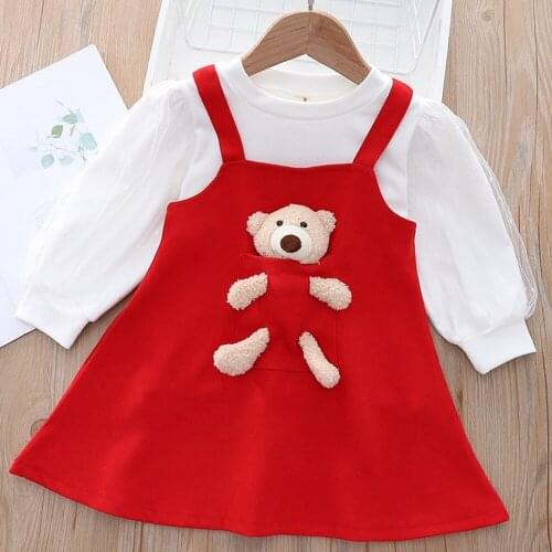 Sweet Autumn Girls Kids Princess Overall Dress+Long Sleeve T-shirt Children Baby Dresses Vestidos 2pcs Suit Outfits ADK210