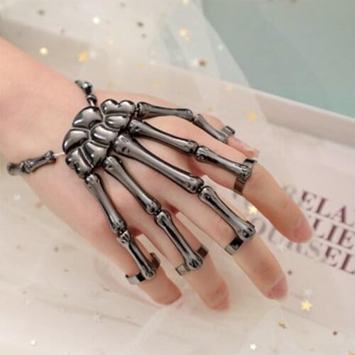 Fashion Halloween Creative Skull Bone Bracelet Hand Skull Skeleton Elastic Bracelet Bangle + Rings Gothic Punk Finger Jewelry