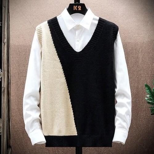 Men Sweater Vest Autumn Patchwork Loose Wool Knitted Sweaters Mens Vest Fashion Casual V-Neck Pullovers Korean Streetwear 2021