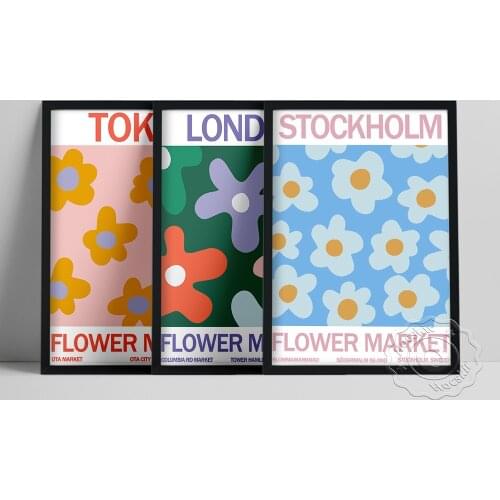 Set Of 3 Flower Market Poster, London Tokyo Stockholm Flower Prints, Modern Color Illustration Wall Art, Vintage Plant Picture