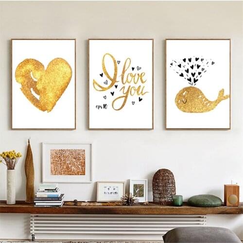 I Love You Nursery Wall Art Gold Heart Love Print Gold Whale Paintings In The Bedroom Nordic Canvas Poster Baby Room Decoration