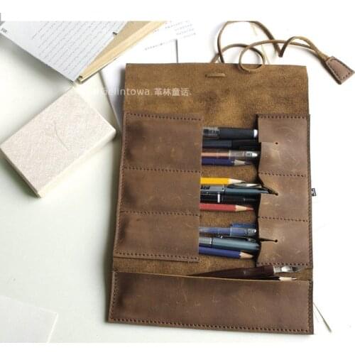 New special large capacity foldable genuine leather pen pencil bag for 10 pens fountain pen with leather bandage stationery 1133