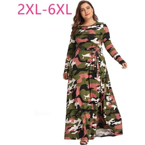 New spring autumn plus size ankle length dress for women loose casual long sleeve camouflage print long dress belt 4XL 5XL 6XL