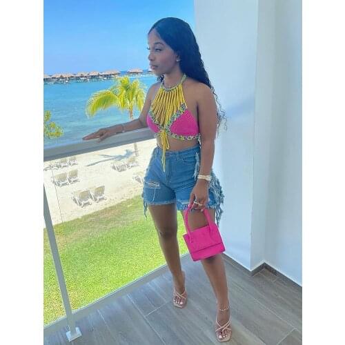 New fashion womens casual ripped denim shorts washed with fringes