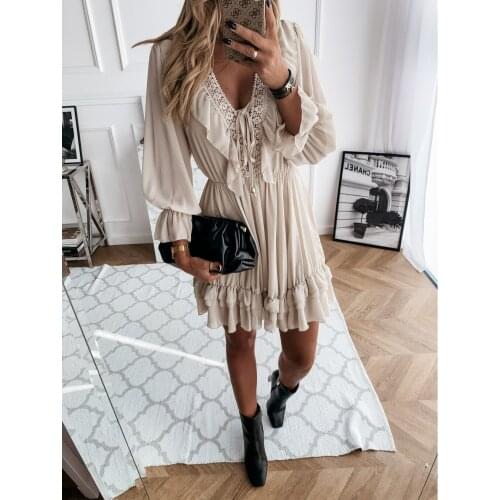 2021 autumn new splicing suspender long-sleeved dress with puff sleeves